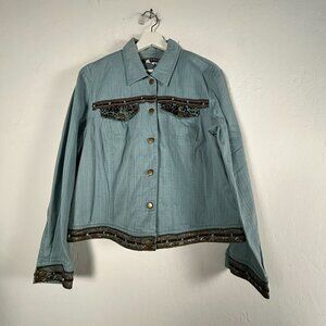 City Girl Nancy Bolen Womens Denim Jean Jacket Beaded Embellished Size 14 Blue